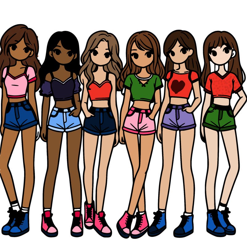 a group of girls wearing crop tops and shorts