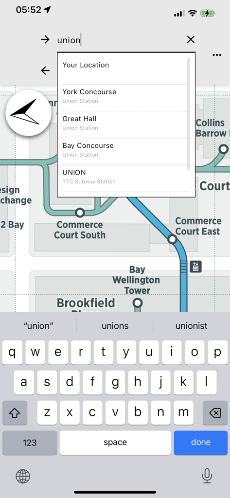 Pathmap - Search interface of Pathmap app showing results for Union Station in the Toronto PATH system