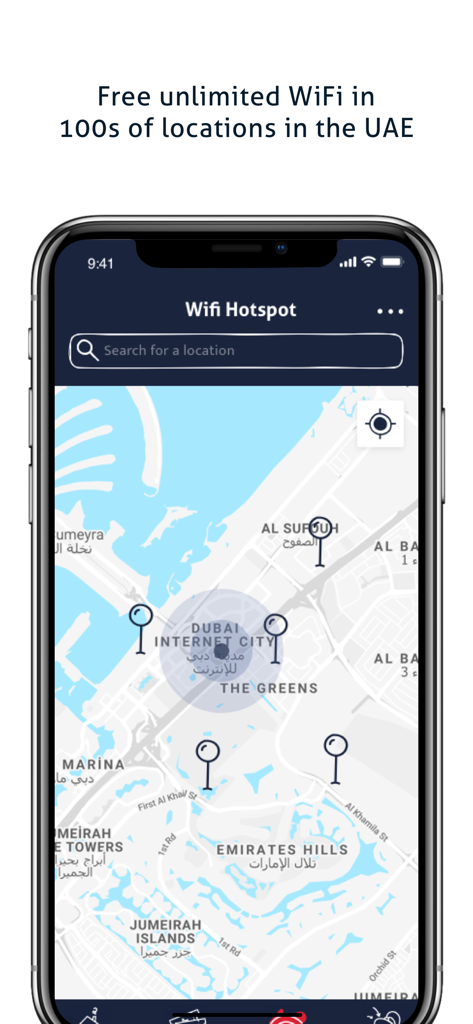 swyp UAE - A map interface in the swyp UAE app showing various free unlimited WiFi hotspots across Dubai
