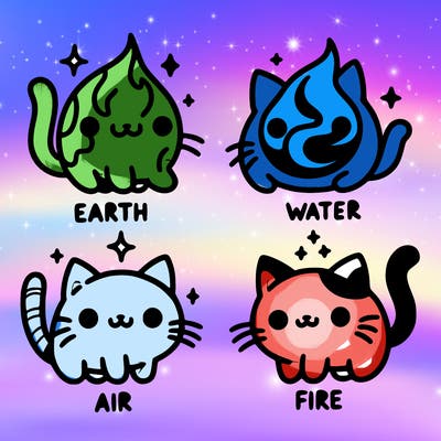 4 cats that represent the different elements, earth, water, air, and fire