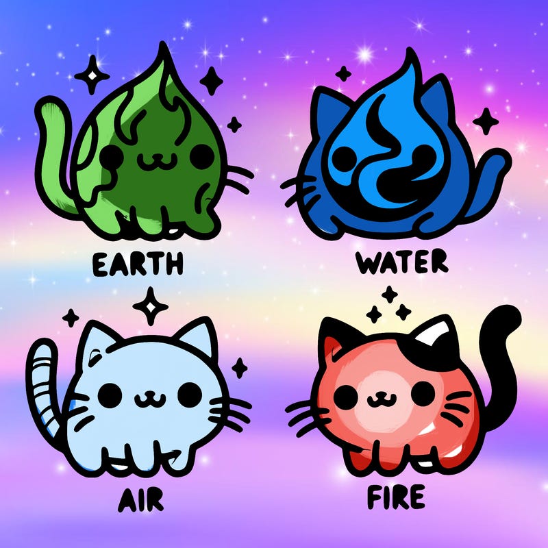 4 cats that represent the different elements, earth, water, air, and fire