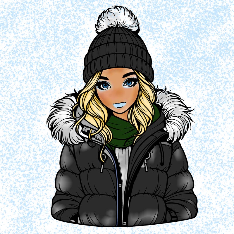 realistic girl with beanie and puff jacket