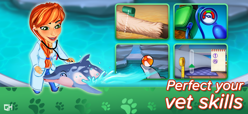 La Dra. Amy examinando un delfín con un estetoscopio junto a minijuegos para tratar animales