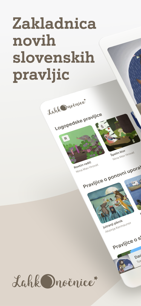 Lahkonočnice - Mobile app interface of Lahkonocnice showing illustrated bedtime stories and speech therapy categories for children