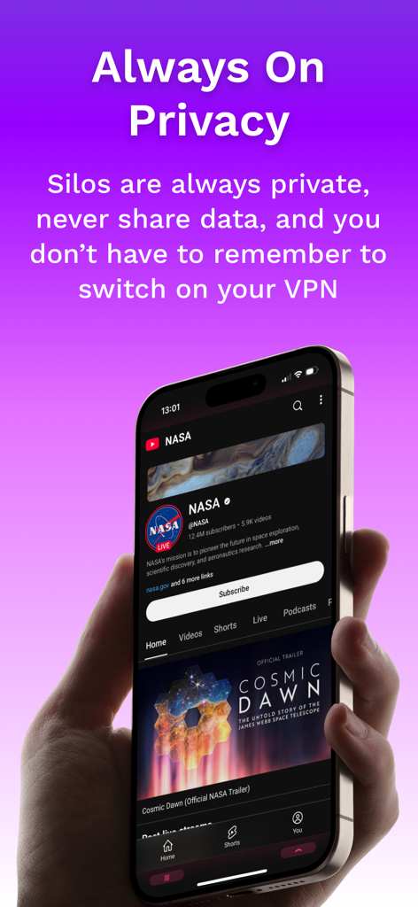 Psylo: Private Browser & Proxy - iPhone che mostra il browser Psylo con privacy sempre attiva e funzione di isolamento dei silo