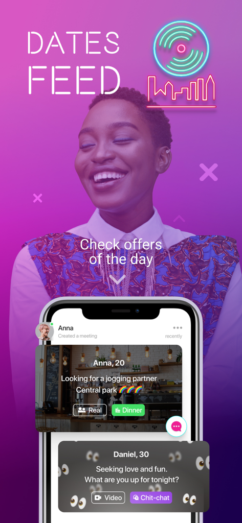Chance - Gay, Lesbian Dating - A mobile app screenshot showing the dates feed interface for the Chance dating app with user profiles and activity offers.