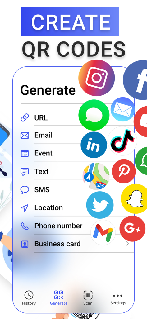 QR Code Reader・Barcode Scanner - Interface of a QR code generator app showing options for creating codes for social media, URLs, and business cards.