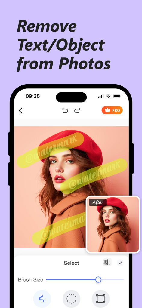 Picwand AI Photo Video Editor - A demonstration of the Picwand AI object remover tool erasing watermarks from a photo.