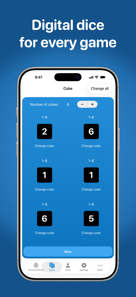 A mobile app interface showing six digital dice with random numbers on a blue background