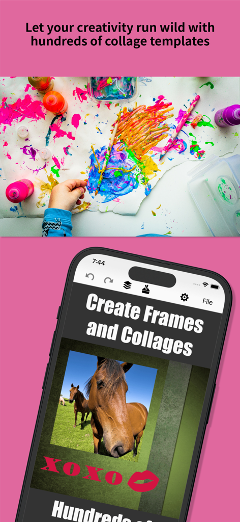 You Doodle - draw on photos - Interfaz de la aplicación You Doodle que muestra funciones de creación de collages y marcos de fotos con sellos