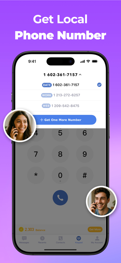 Call Now: 2nd Number Phone App - Un smartphone mostrando la interfaz de la aplicación Call Now con múltiples números de teléfono virtuales locales para citas y trabajo
