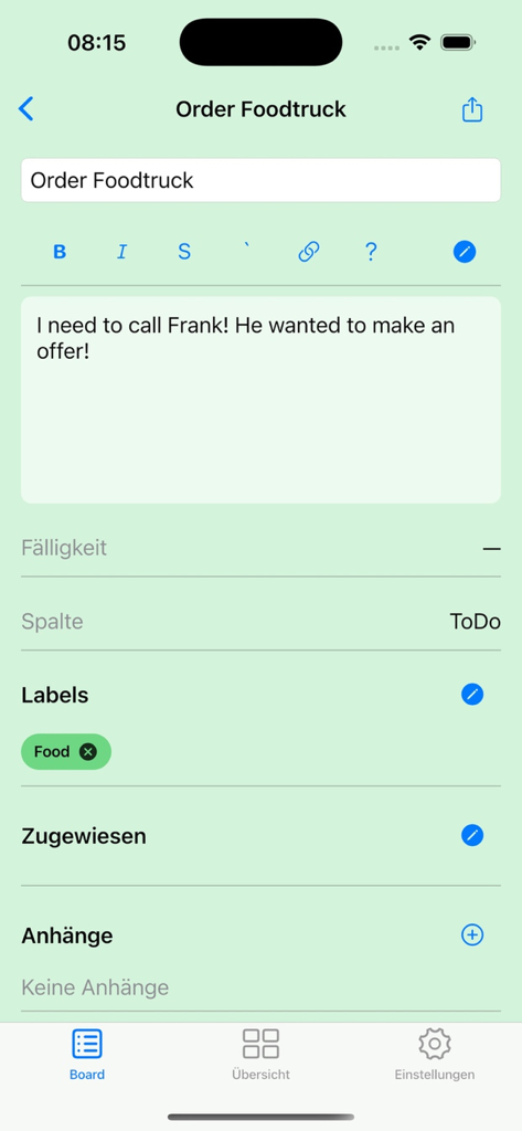 A mobile screen showing the task details and markdown description editor in the Next Deck app
