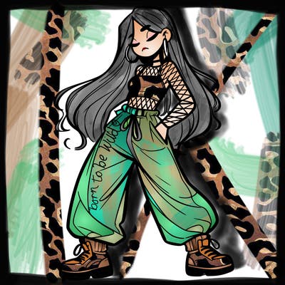 girl in baggy pants crop top and long hair