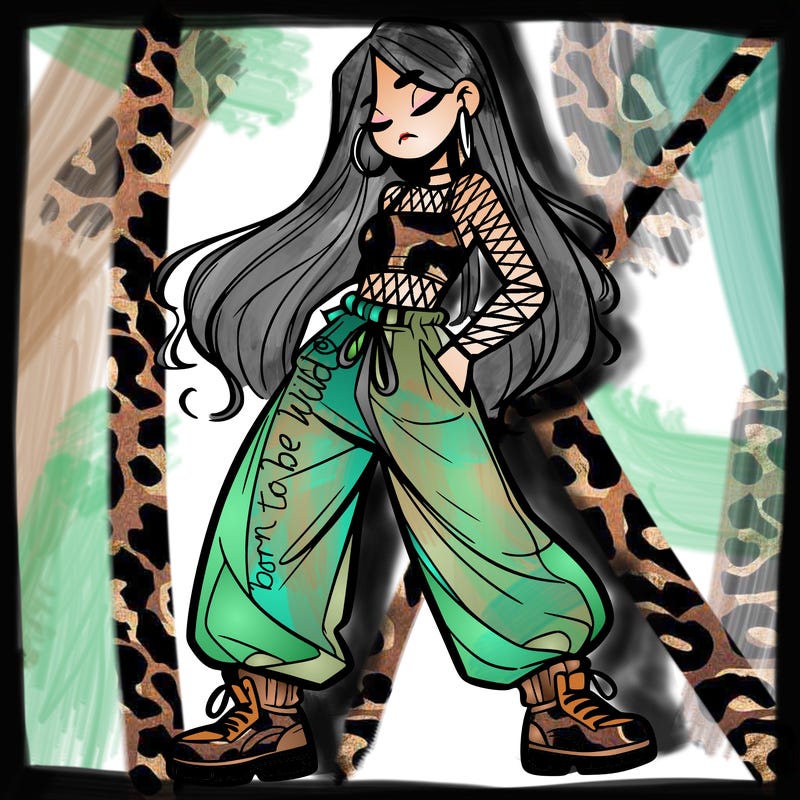 girl in baggy pants crop top and long hair