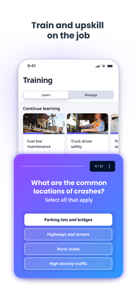 SafetyCulture (iAuditor) - App SafetyCulture che mostra lezioni di formazione mobile e un quiz di sicurezza per l'aggiornamento professionale sul lavoro