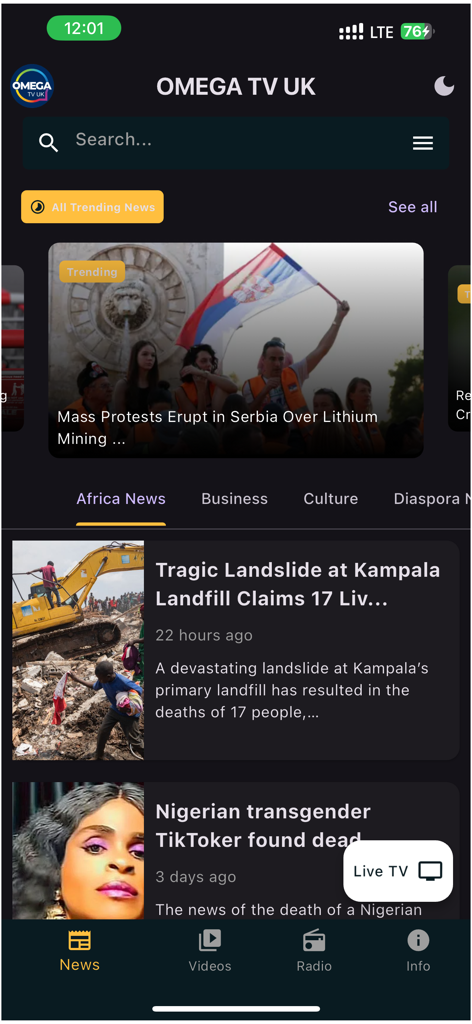 OMEGA TV UK - OMEGA TV UK app interface showing a news feed with articles about global and African events