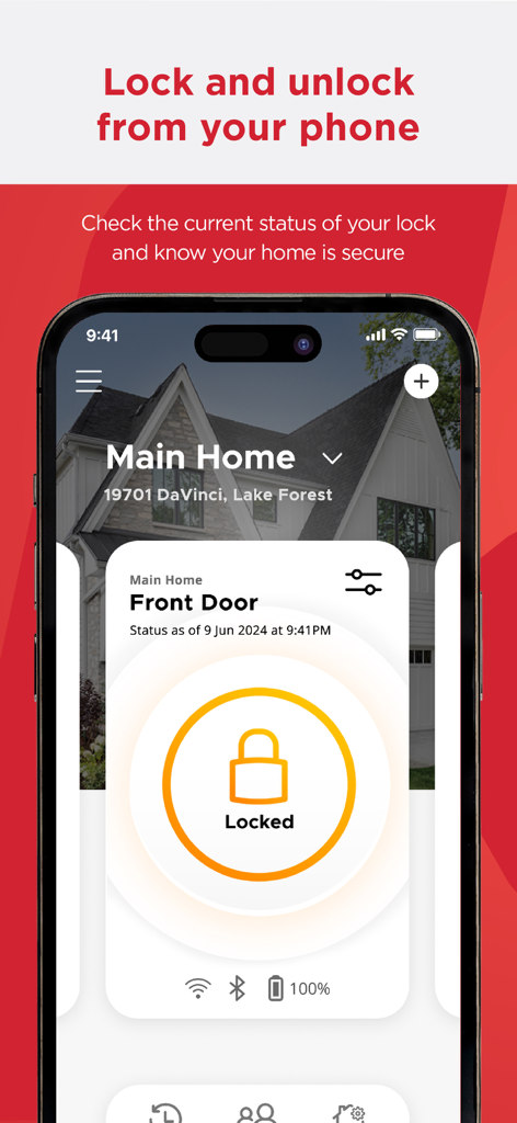 Kwikset - A smartphone showing the Kwikset app interface for checking and controlling the lock status of a front door