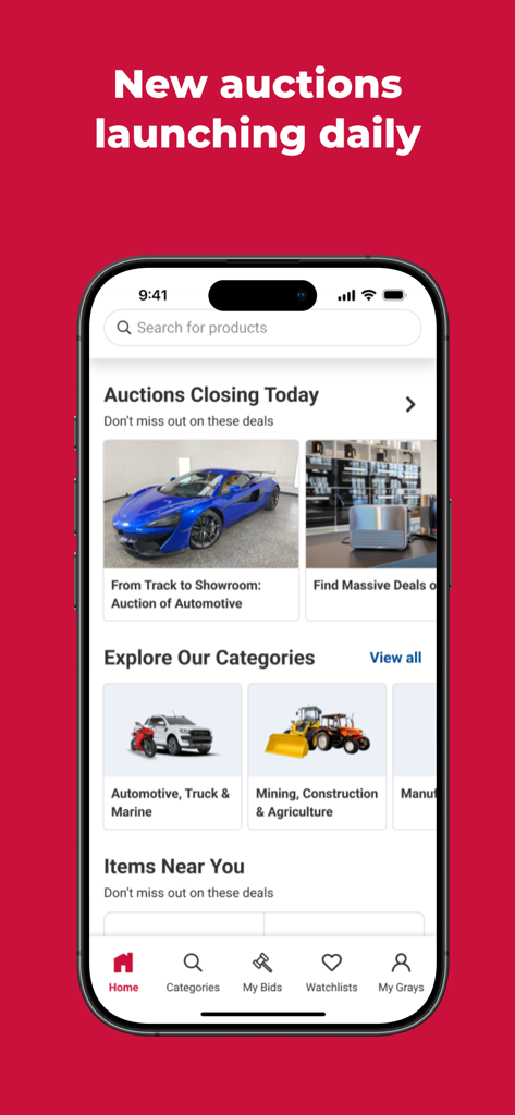 Grays: Auction Marketplace - Grays auction marketplace home screen with listings for automotive and industrial equipment