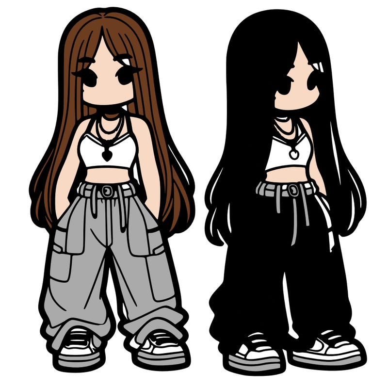 girl in baggy pants crop top and long hair