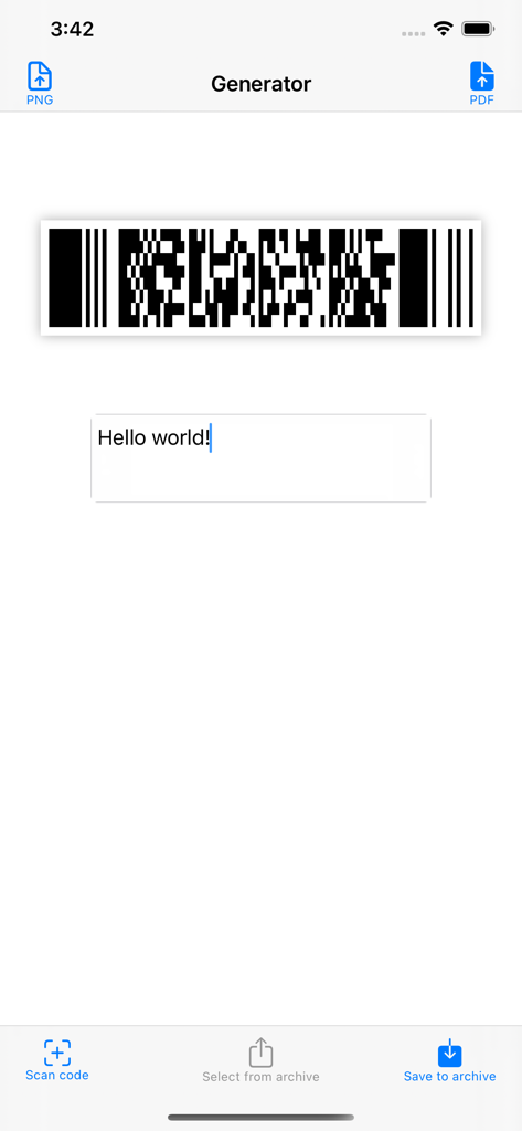 PDF417 DECO - PDF417バーコードジェネレーターインターフェースにテキスト「Hello world」のバーコードが表示されています
