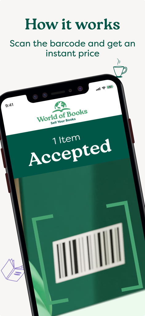 A smartphone displaying the World of Books app scanning a book barcode to provide an instant price quote
