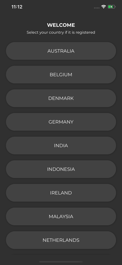 My Masjid Community - The welcome screen of the My Masjid Community app where users can select their country from a list.