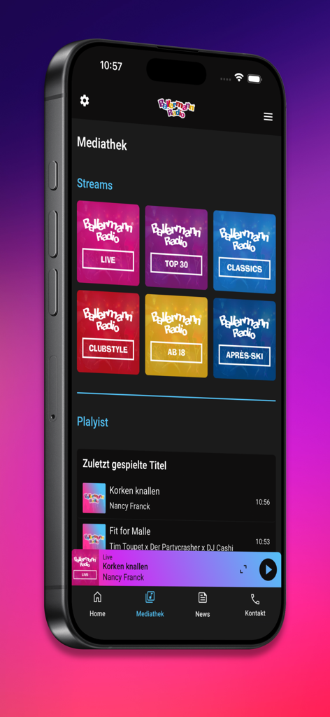 Ballermann® Radio - Screenshot of the Ballermann Radio app Mediathek showing different music channels like Live, Top 30, and Après-Ski