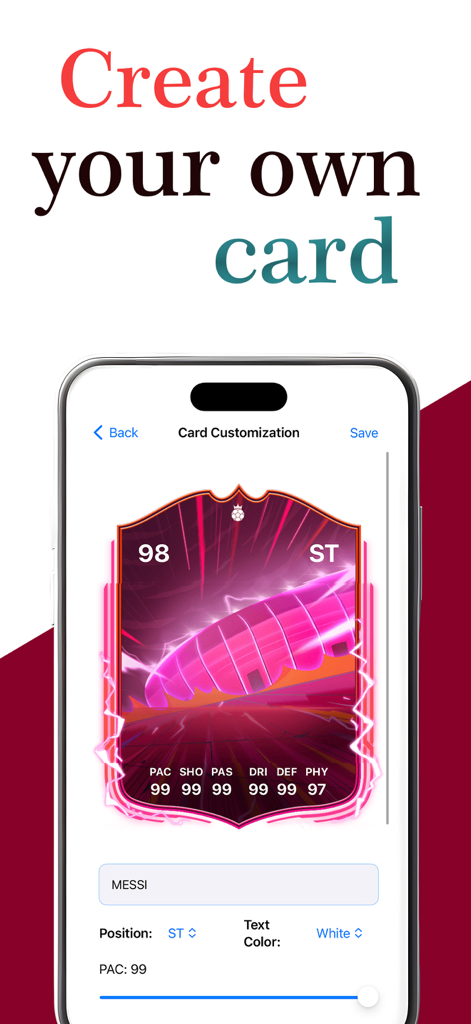 Interfaz de la aplicación Fut Card Creator para diseñar cartas de jugadores de fútbol personalizadas