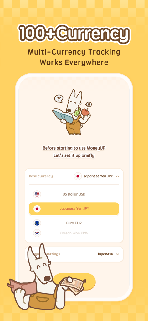 MoneyUP - Money Tracker App - MoneyUP app screenshot showing multi-currency tracking feature with Tomi the dog mascot