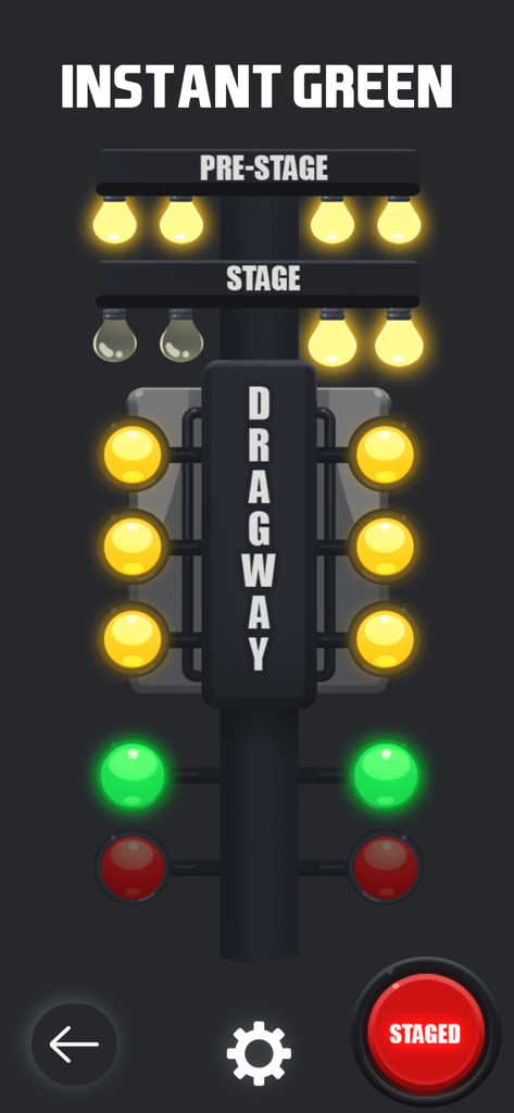 .000 Practice Tree - A drag racing Christmas tree interface for practicing reaction times with an instant green light setting and staged button.