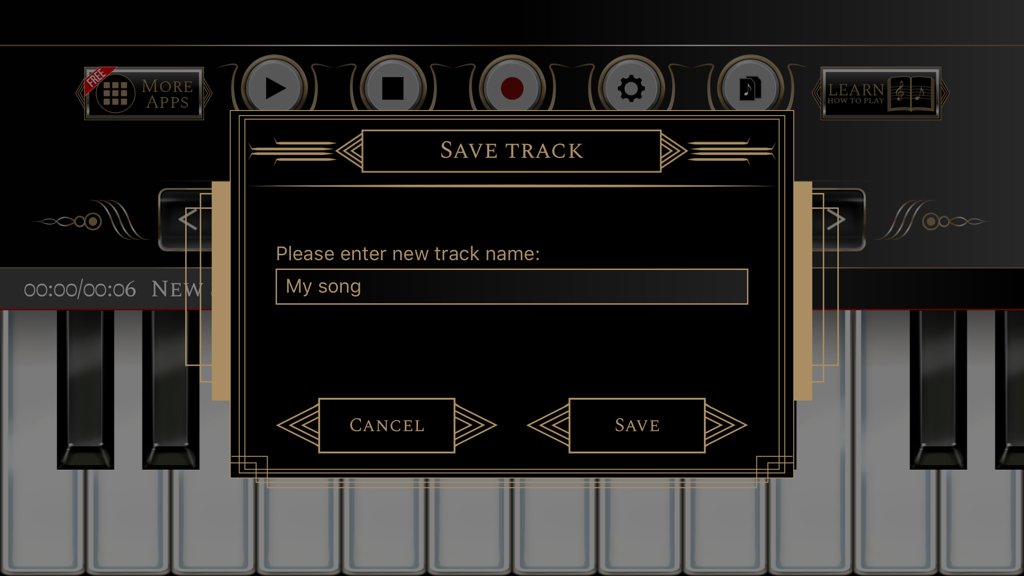 The Best Piano - Caixa de diálogo Salvar Faixa no aplicativo O Melhor Piano com um campo de texto para nomear uma nova gravação de música