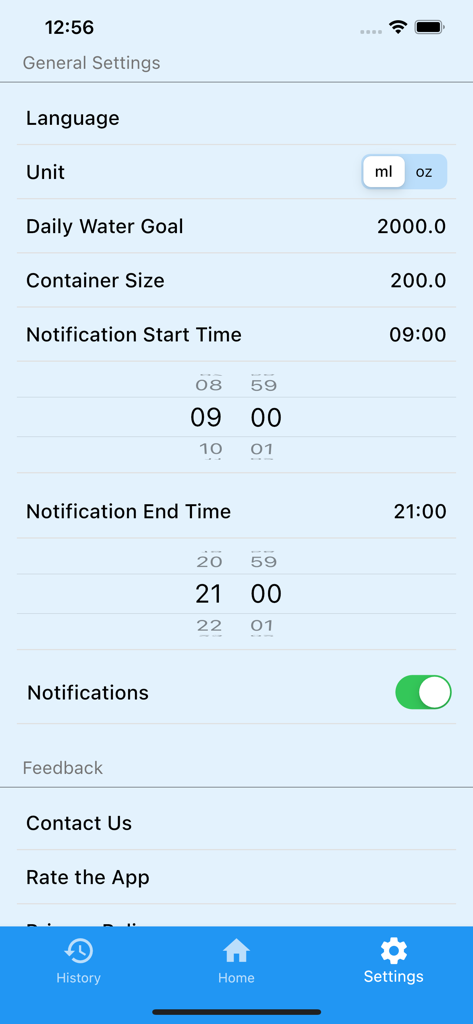 Water Reminder - Daily Drink - Pantalla de configuración general de la aplicación Recordatorio de Agua que muestra la meta diaria de agua y el horario de notificaciones.
