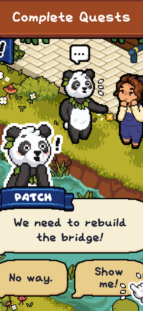 Forest Fables: Cozy pixel sim - Pixel art panda character Patch offering a quest to rebuild a bridge in the forest