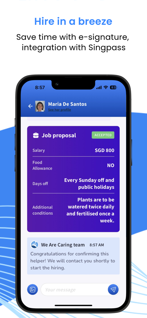 Propuesta de trabajo aceptada para una trabajadora doméstica en la aplicación We Are Caring