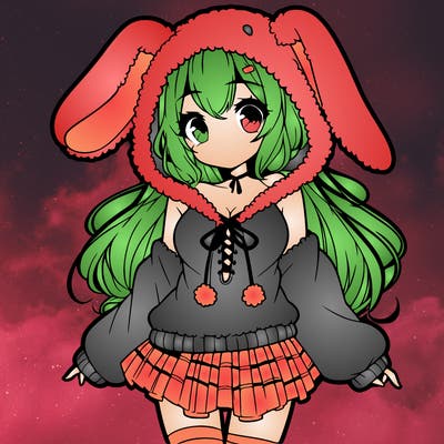 pretty anime girl wearing a fluffy hoodie with bunny ears on the hood and a skirt