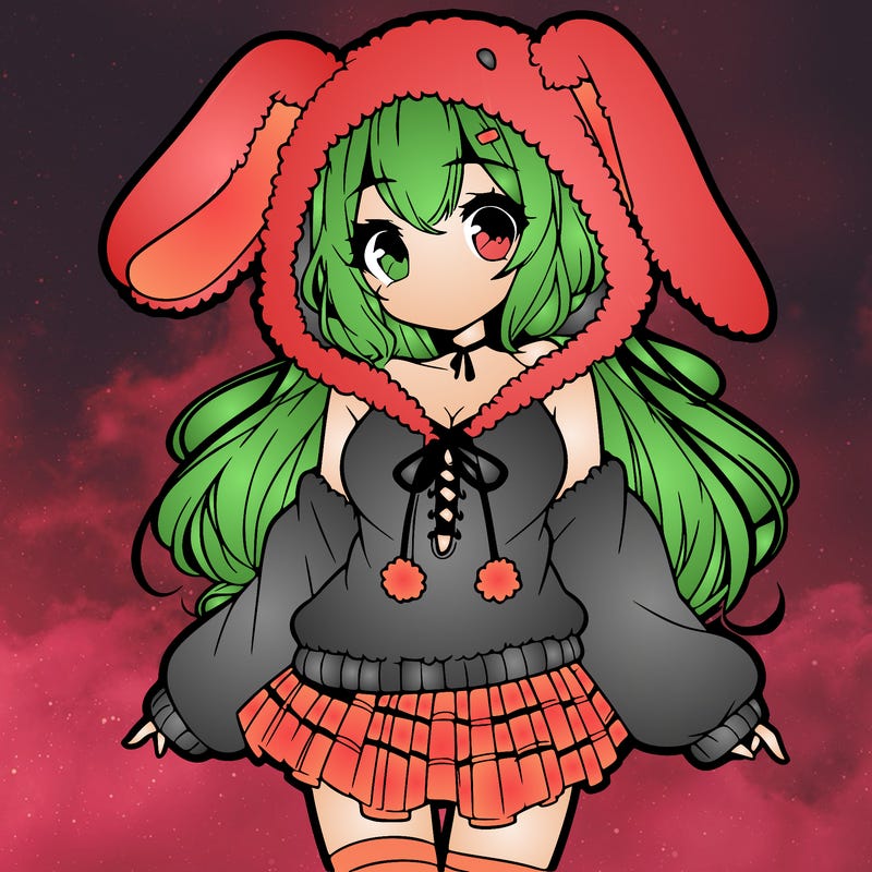 pretty anime girl wearing a fluffy hoodie with bunny ears on the hood and a skirt