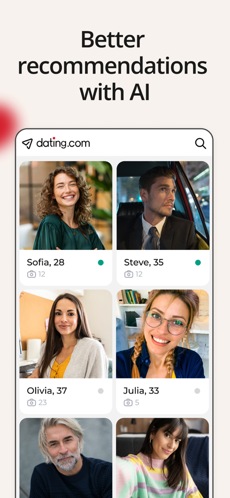 Dating.com app screen showing AI recommendations and user profiles for global dating