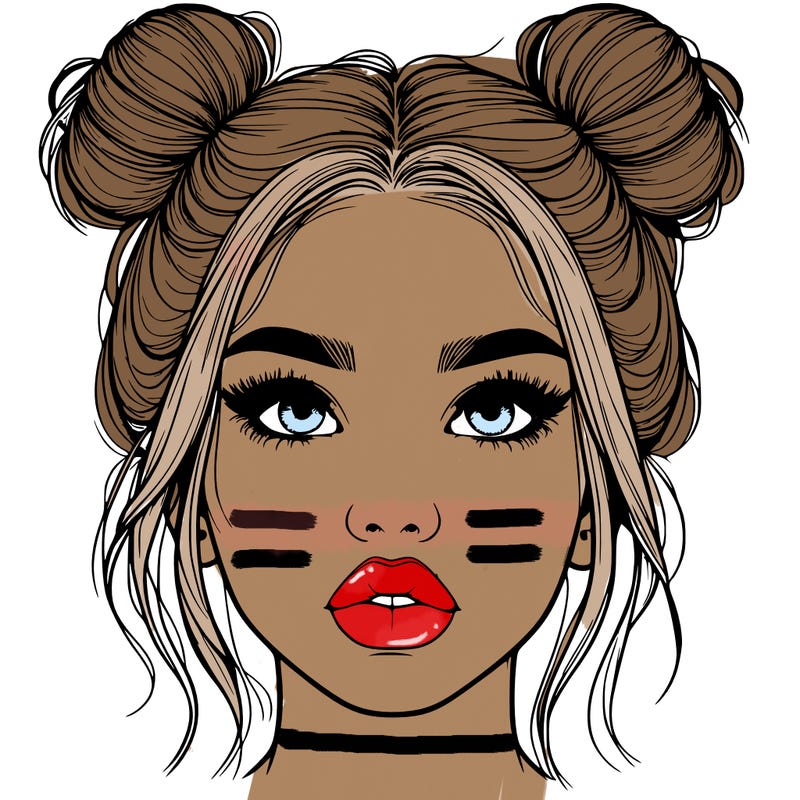 realistic girl with two buns on her hair and lips