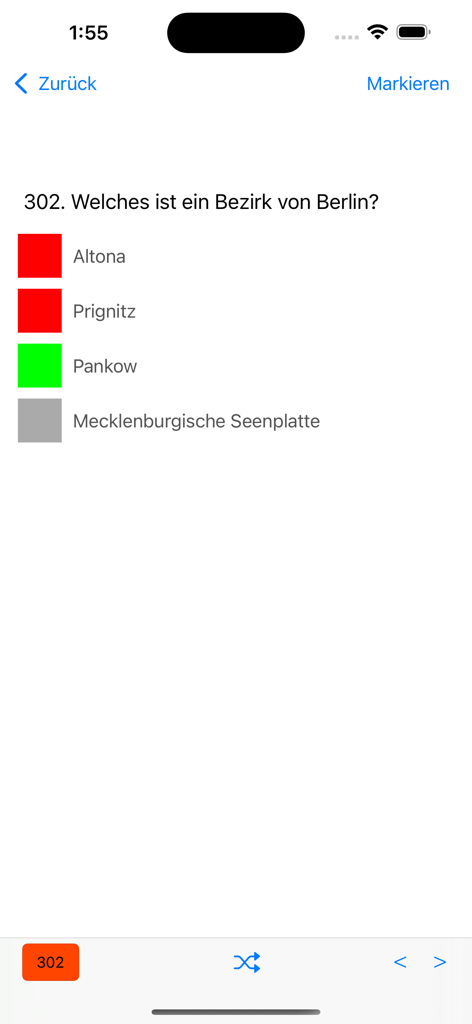 Leben in Deutschland 300Fragen - Una captura de pantalla de una pregunta del examen de ciudadanía alemana sobre distritos de Berlín con retroalimentación de respuestas correctas e incorrectas.