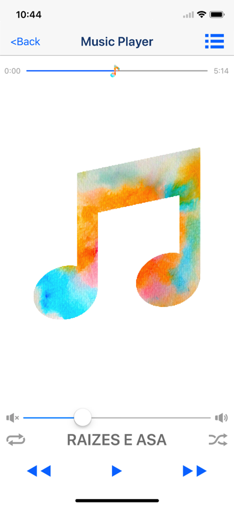 Video 2 Music  Audio Converter - iPhone music player interface within the Video 2 Music app showing playback controls and a colorful music note icon