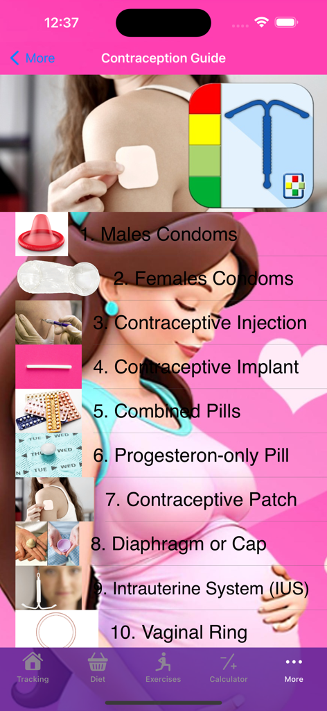 Pregnancy tracker & calculator - A screen in the pregnancy tracker app displaying a list of birth control methods including condoms, pills, injections, and implants.