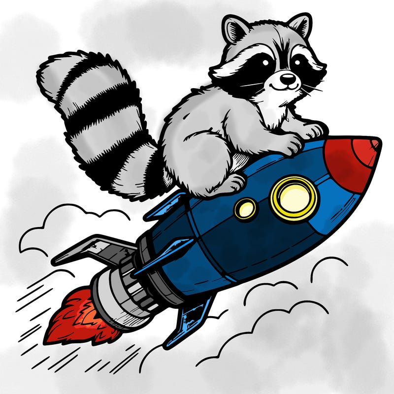 realistic raccoon flying on top rocket ship