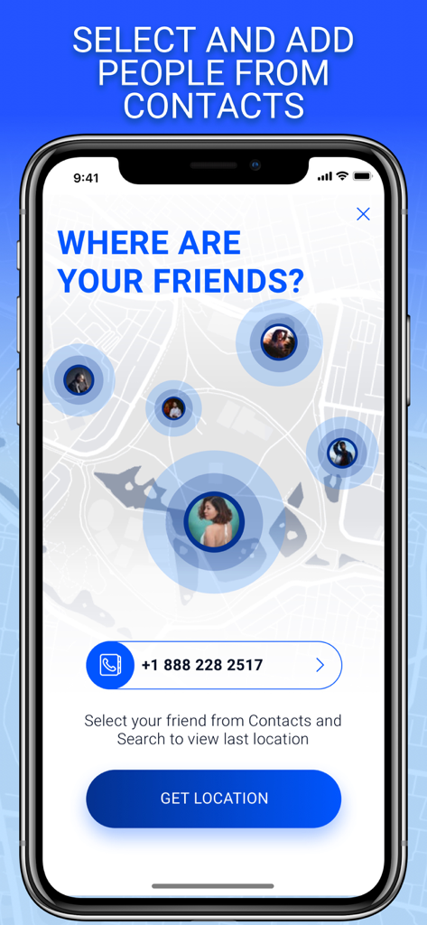 Tela do aplicativo Get Location mostrando um mapa com ícones de perfil de amigos e uma barra de pesquisa de número de telefone para adicionar contatos