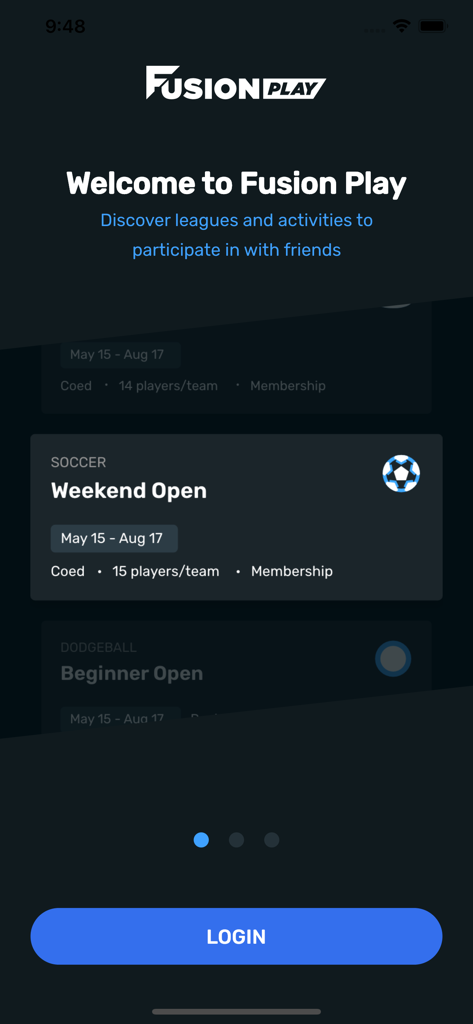 Fusion Play - Fusion Play app welcome screen showing intramural soccer league options