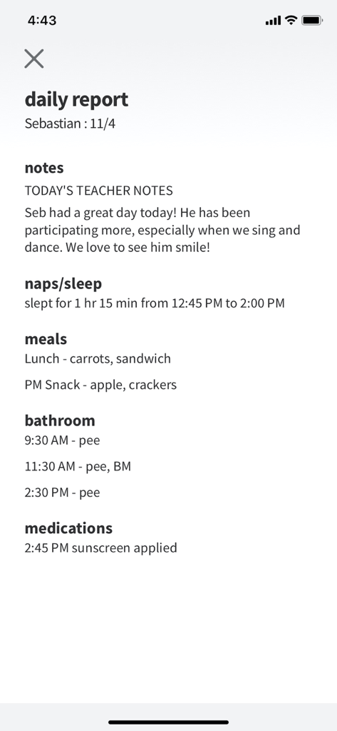 Captura de pantalla del informe diario de un niño en la aplicación Tadpoles Parent que muestra notas, horarios de sueño, detalles de comidas y actualizaciones del baño.