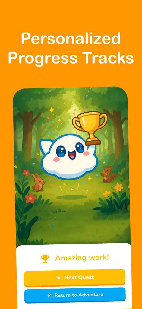 NOOR – Teaches Quran for Kids - Uma tela de celebração no aplicativo NOOR com um personagem fofo de nuvem segurando um troféu de ouro com botões para Próxima Missão e Retornar à Aventura.