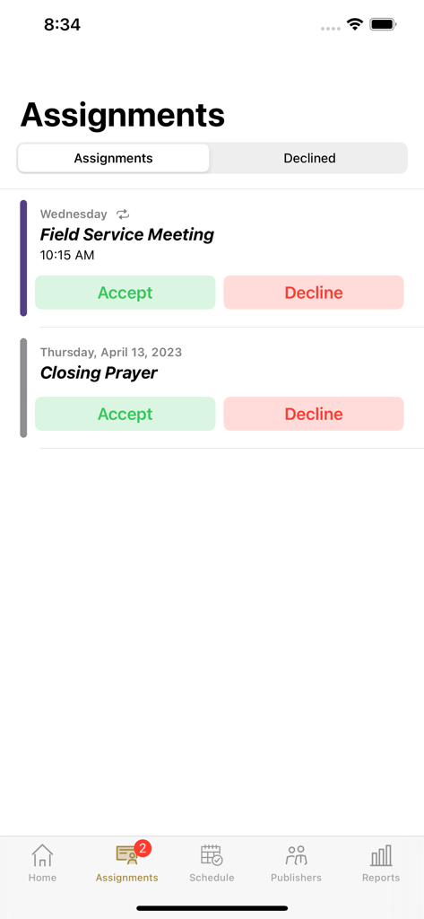 Hourglass Time - Screenshot of the Hourglass Time app Assignments screen showing pending congregation tasks like Field Service Meeting and Closing Prayer with options to accept or decline.