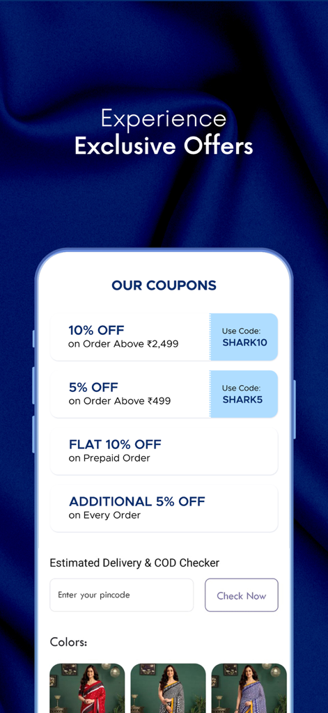 Tela do aplicativo Sudathi exibindo cupons de desconto exclusivos e ofertas promocionais para compras de sarees