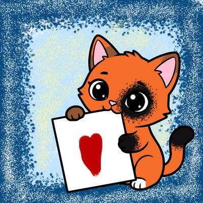 a small cat with a blank sheet of paper in its hand. the cat is sooooooo cute!