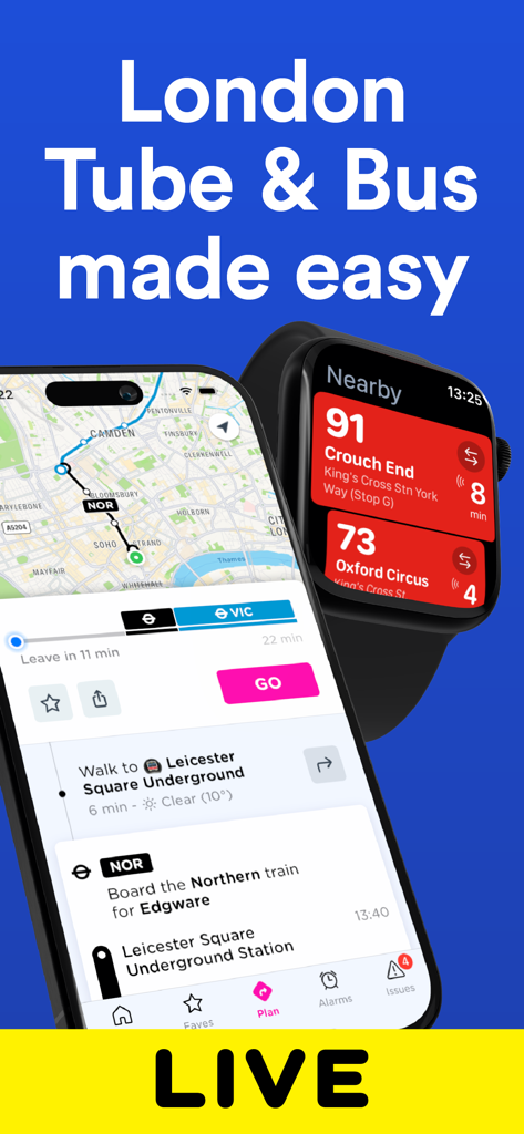 London Transport: Live TFL - London Transport app interface on iPhone and Apple Watch displaying live transit routes and bus times